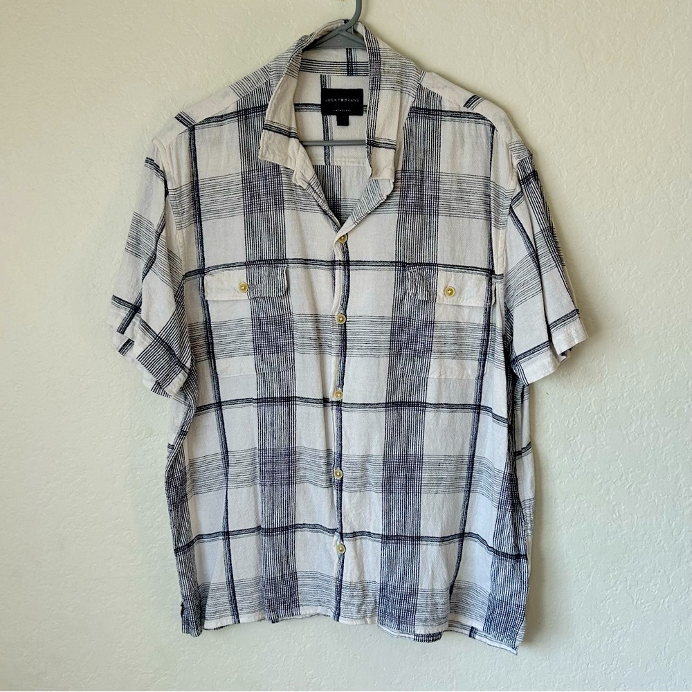 Lucky Brand Linen Blend Men’s Short Sleeve Blue n White Beach Button up shirt